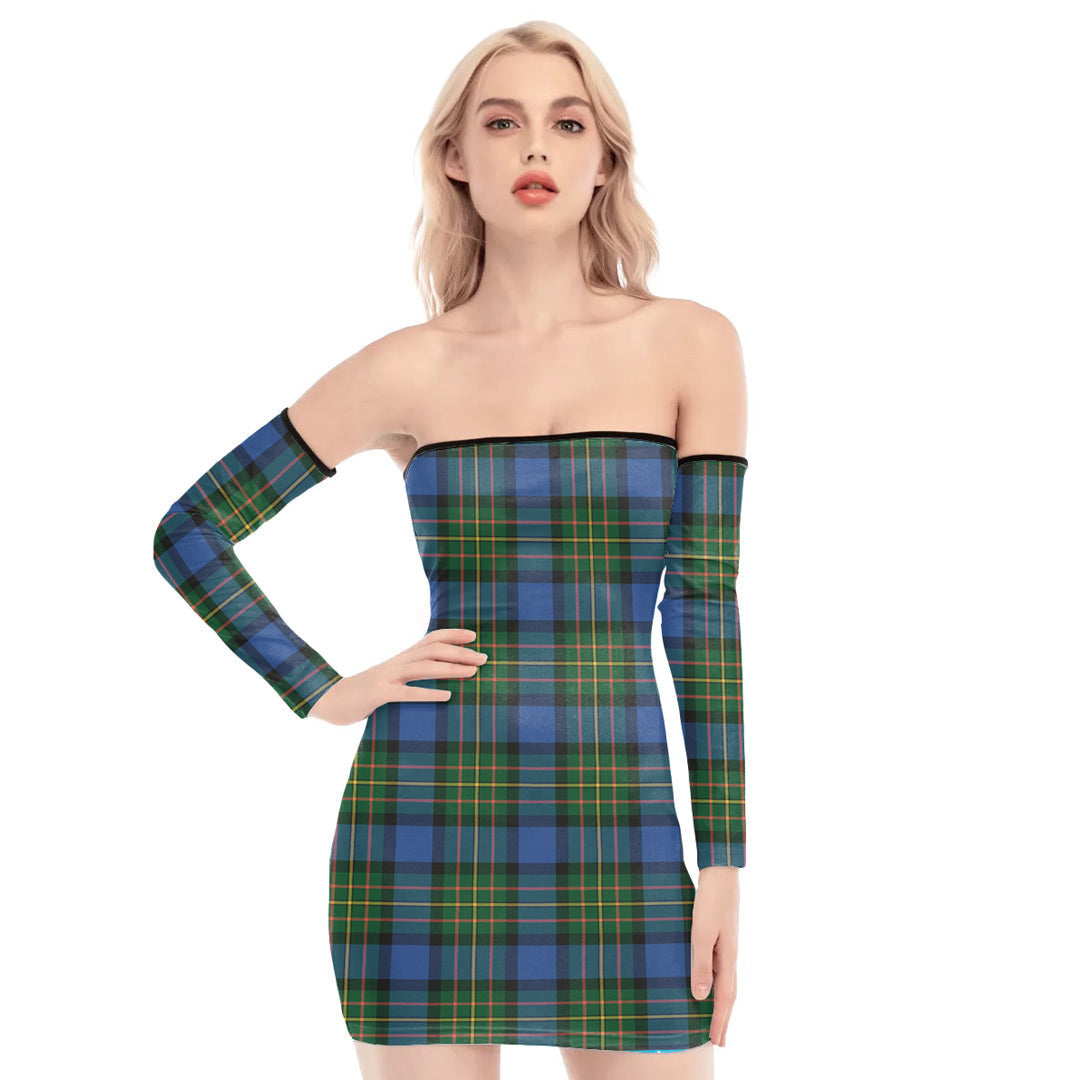 MacLaren Ancient Tartan Plaid Off-Shoulder Back Lace-Up Dress