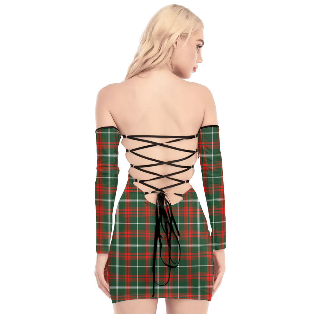 Princess Margaret Tartan Plaid Off-Shoulder Back Lace-Up Dress