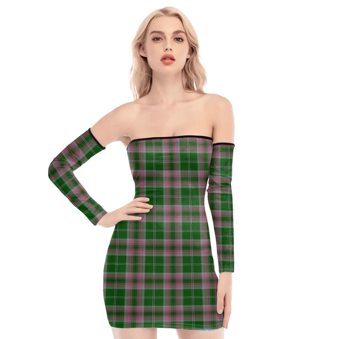 Gray Hunting Tartan Plaid Off-Shoulder Back Lace-Up Dress