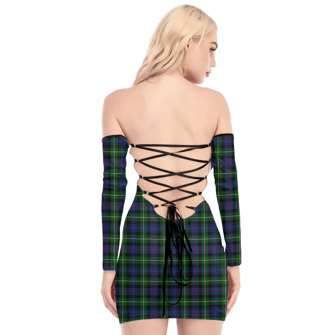 MacKenzie Modern Tartan Plaid Off-Shoulder Back Lace-Up Dress