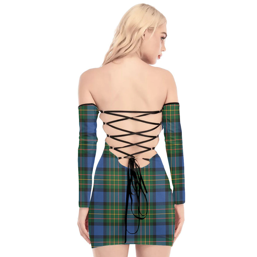 MacLaren Ancient Tartan Plaid Off-Shoulder Back Lace-Up Dress