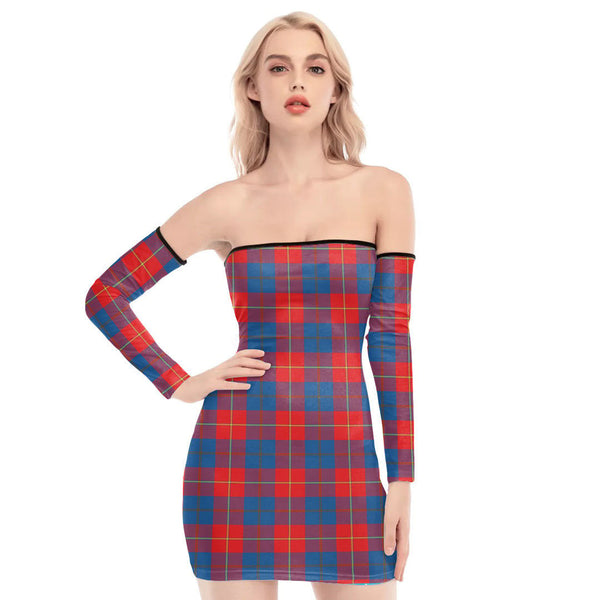 Galloway Red Tartan Plaid Off-Shoulder Back Lace-Up Dress