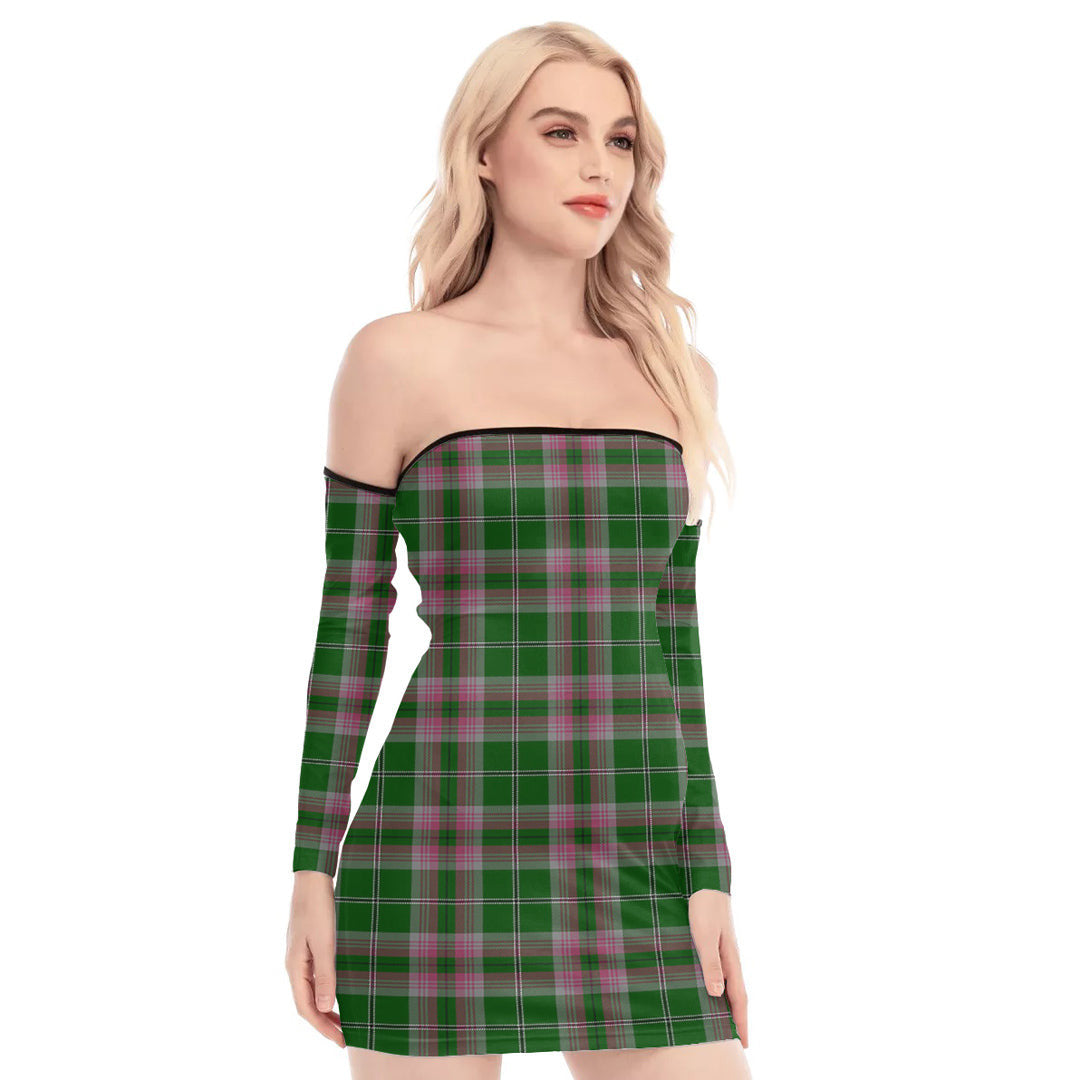 Gray Hunting Tartan Plaid Off-Shoulder Back Lace-Up Dress