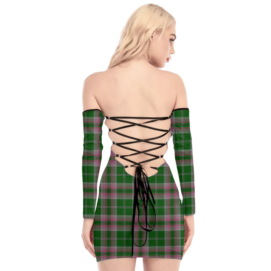 Gray Hunting Tartan Plaid Off-Shoulder Back Lace-Up Dress