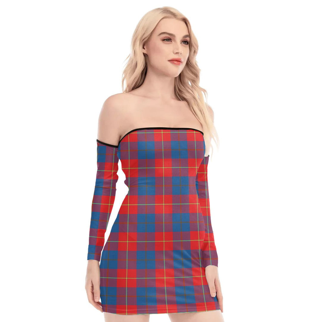 Galloway Red Tartan Plaid Off-Shoulder Back Lace-Up Dress