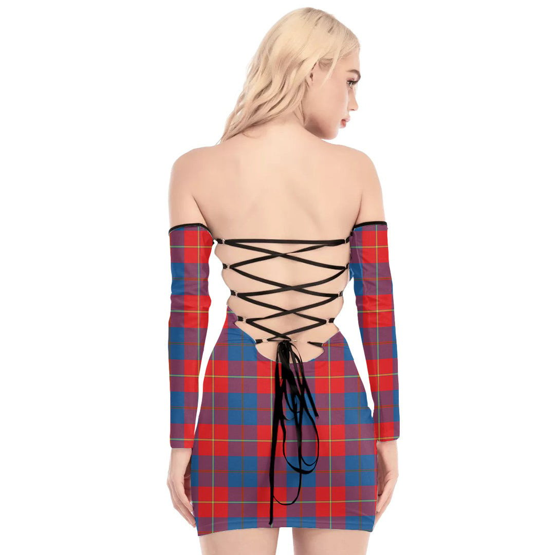 Galloway Red Tartan Plaid Off-Shoulder Back Lace-Up Dress