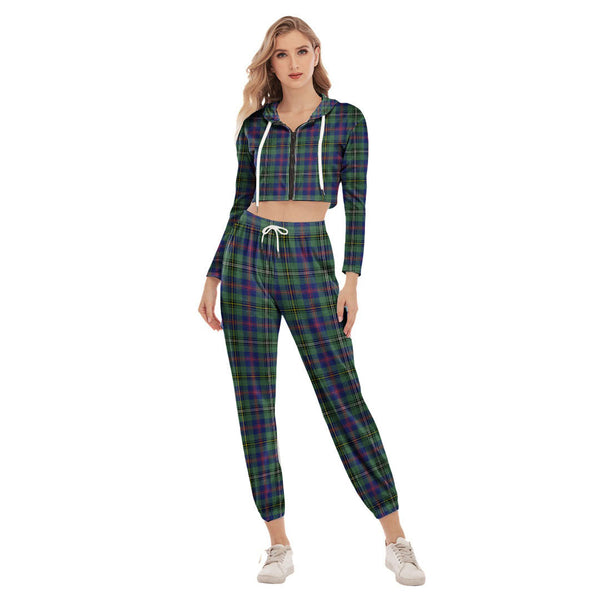 Wood Modern Tartan Plaid Crop Hoodie Sports Sets