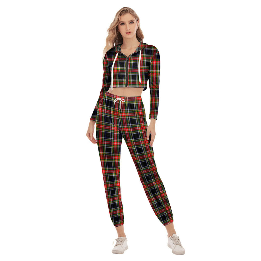 Stewart Black Tartan Plaid Crop Hoodie Sports Sets