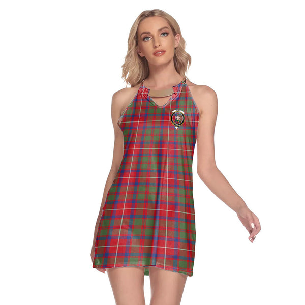 Shaw Red Modern Tartan Crest Round Neck Above Knee Dress