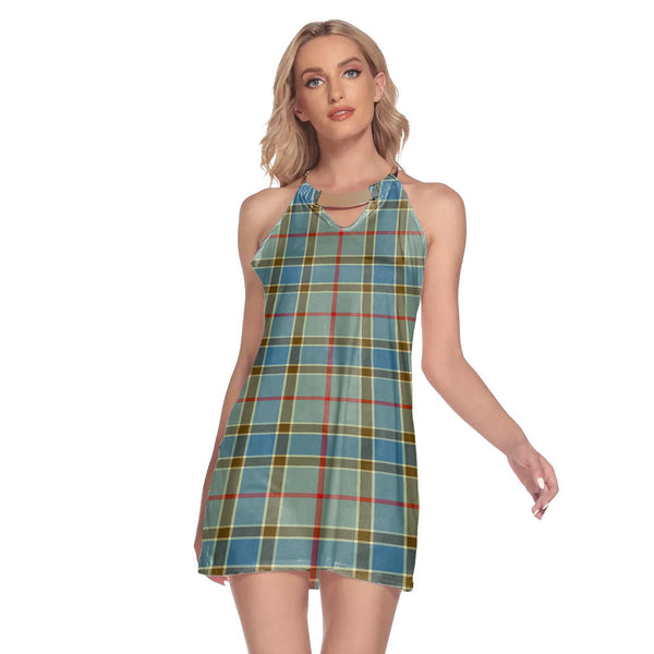 Balfour Blue Tartan Plaid Round Neck Above Knee Dress