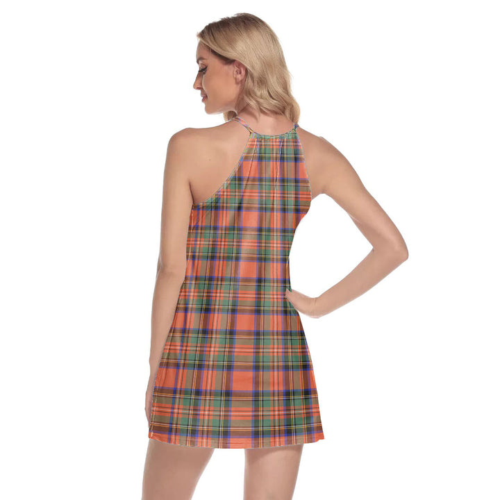 Stewart Royal Ancient Tartan Plaid Round Neck Above Knee Dress