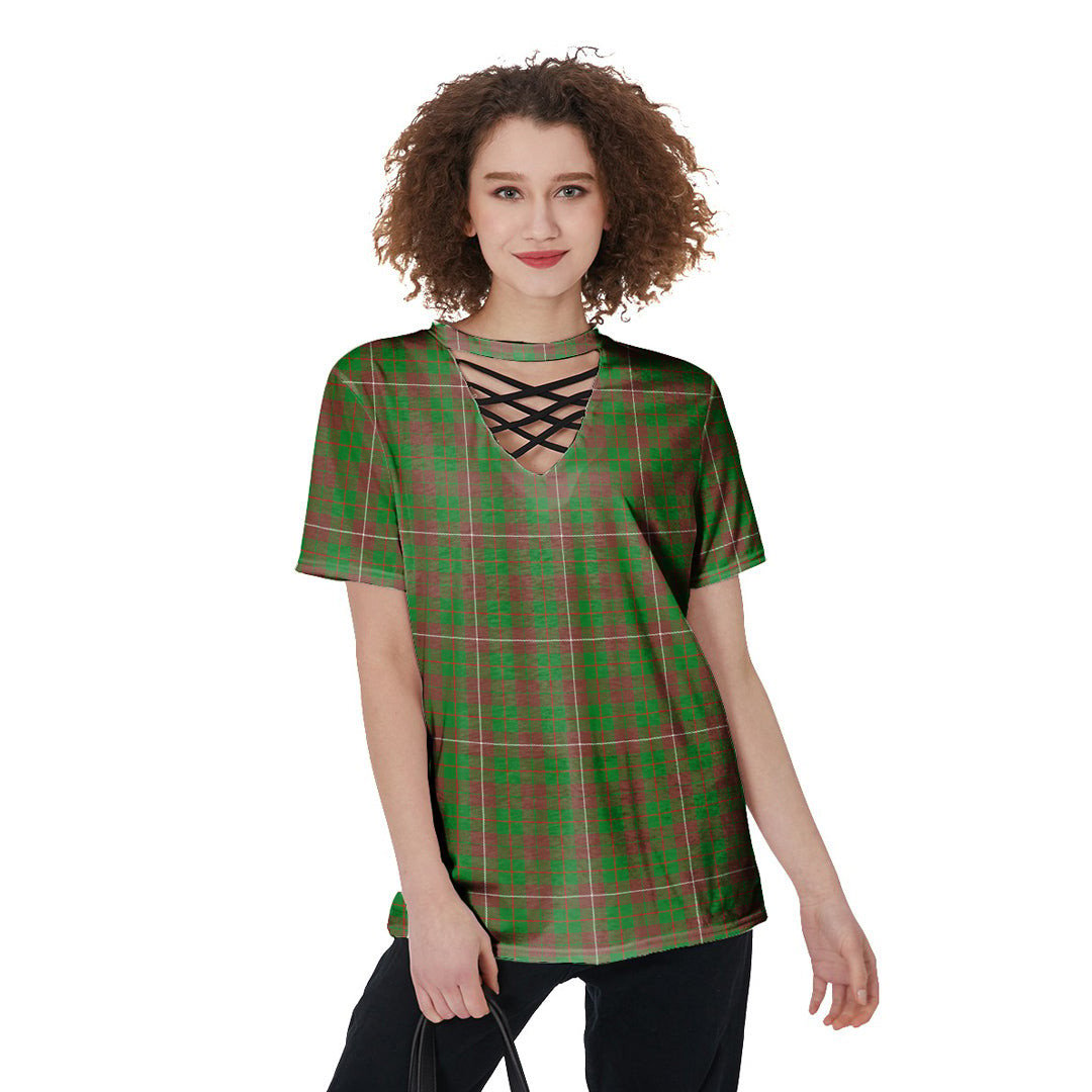 MacKinnon Hunting Modern Tartan Plaid V-Neck String Short Sleeve Shirt