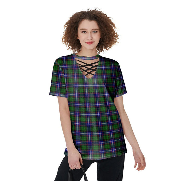 Russell Modern Tartan Plaid V-Neck String Short Sleeve Shirt