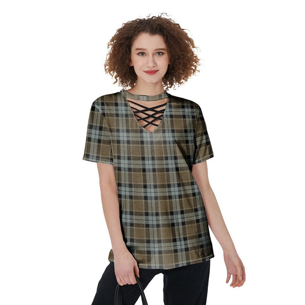 Graham of Menteith Weathered Tartan Plaid V-Neck String Short Sleeve Shirt