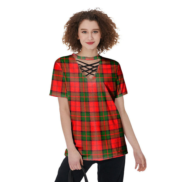 Dunbar Modern Tartan Plaid V-Neck String Short Sleeve Shirt