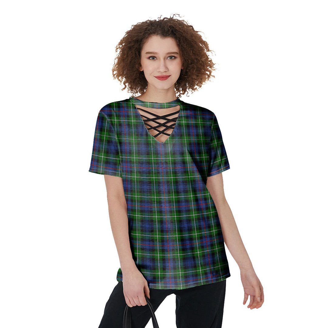 MacKenzie Modern Tartan Plaid V-Neck String Short Sleeve Shirt