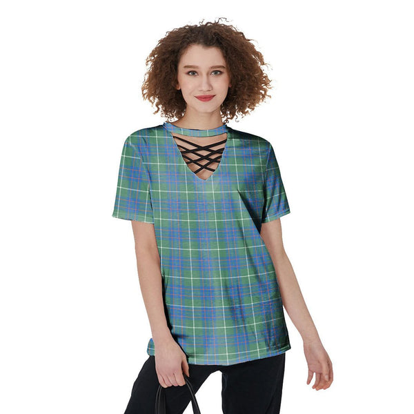 MacIntyre Hunting Ancient Tartan Plaid V-Neck String Short Sleeve Shirt