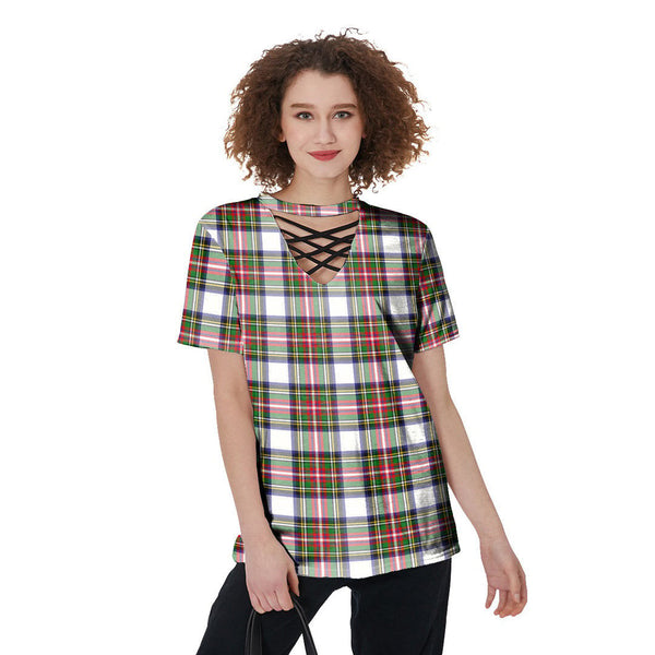 Stewart Dress Modern Tartan Plaid V-Neck String Short Sleeve Shirt
