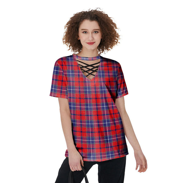 Wishart Dress Tartan Plaid V-Neck String Short Sleeve Shirt