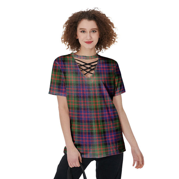MacDonald Modern Tartan Plaid V-Neck String Short Sleeve Shirt