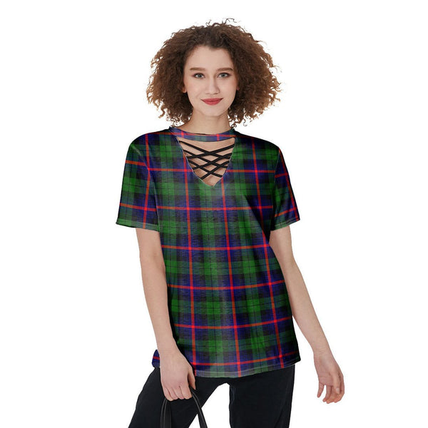Urquhart Modern Tartan Plaid V-Neck String Short Sleeve Shirt