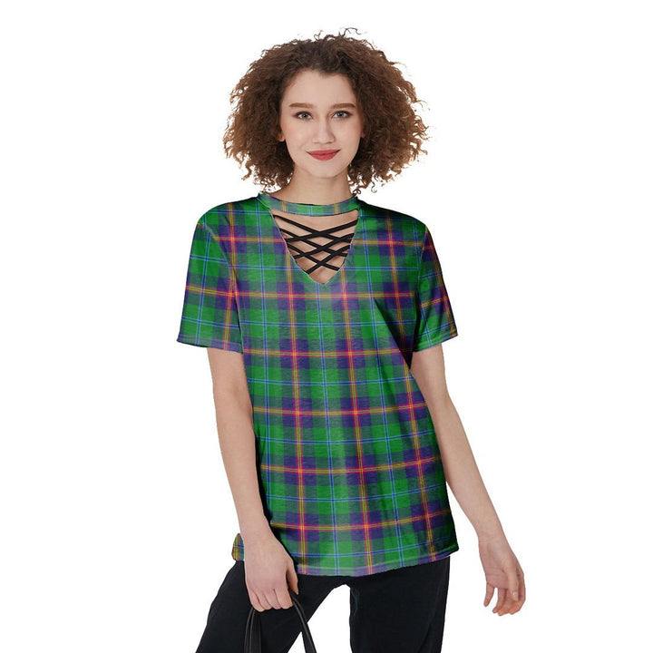 Young Modern Tartan Plaid V-Neck String Short Sleeve Shirt