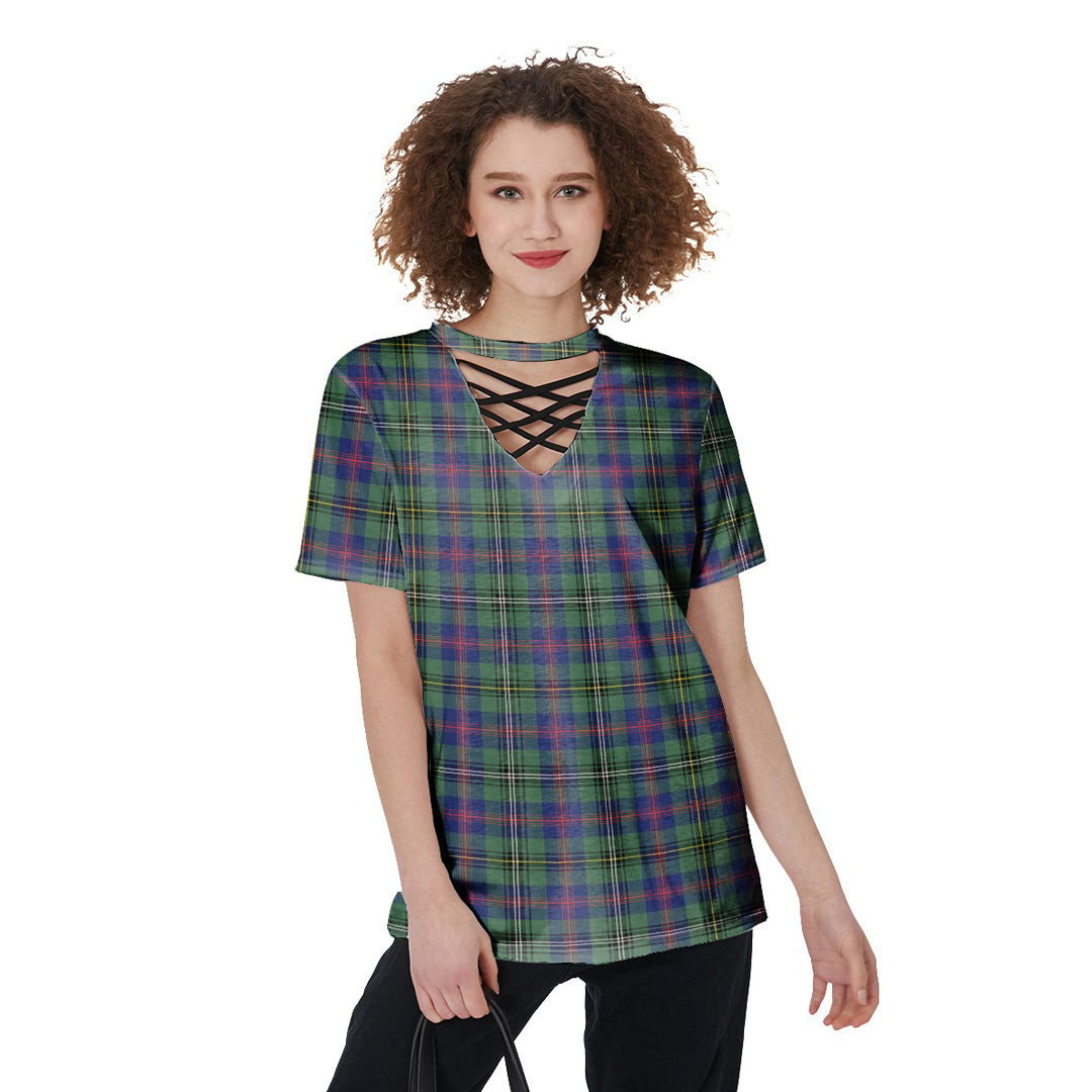 Wood Modern Tartan Plaid V-Neck String Short Sleeve Shirt