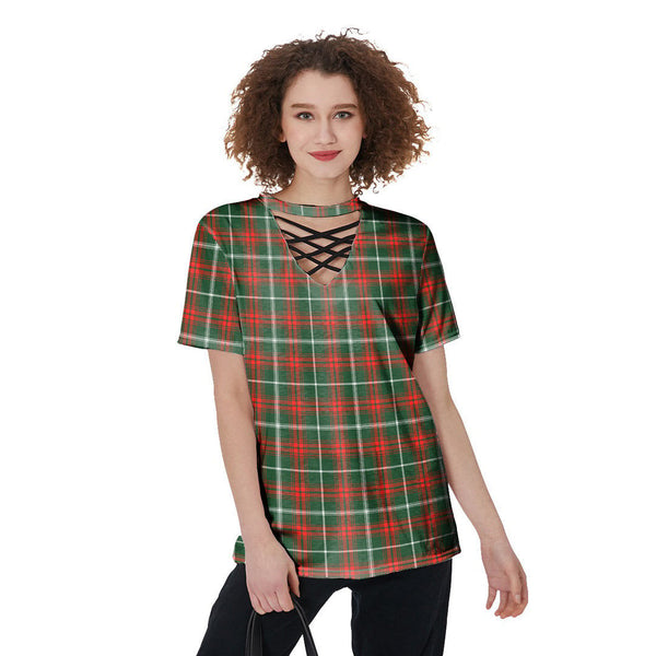 Princess Margaret Tartan Plaid V-Neck String Short Sleeve Shirt