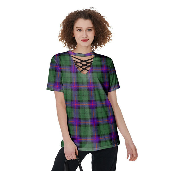 Armstrong Modern Tartan Plaid V-Neck String Short Sleeve Shirt