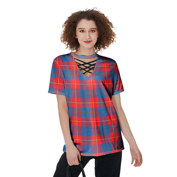 Galloway Red Tartan Plaid V-Neck String Short Sleeve Shirt