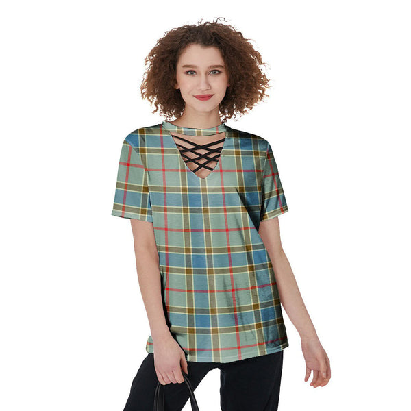 Balfour Blue Tartan Plaid V-Neck String Short Sleeve Shirt