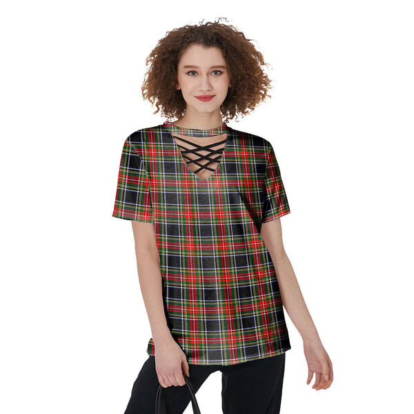 Stewart Black Tartan Plaid V-Neck String Short Sleeve Shirt