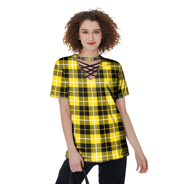 Barclay Dress Modern Tartan Plaid V-Neck String Short Sleeve Shirt