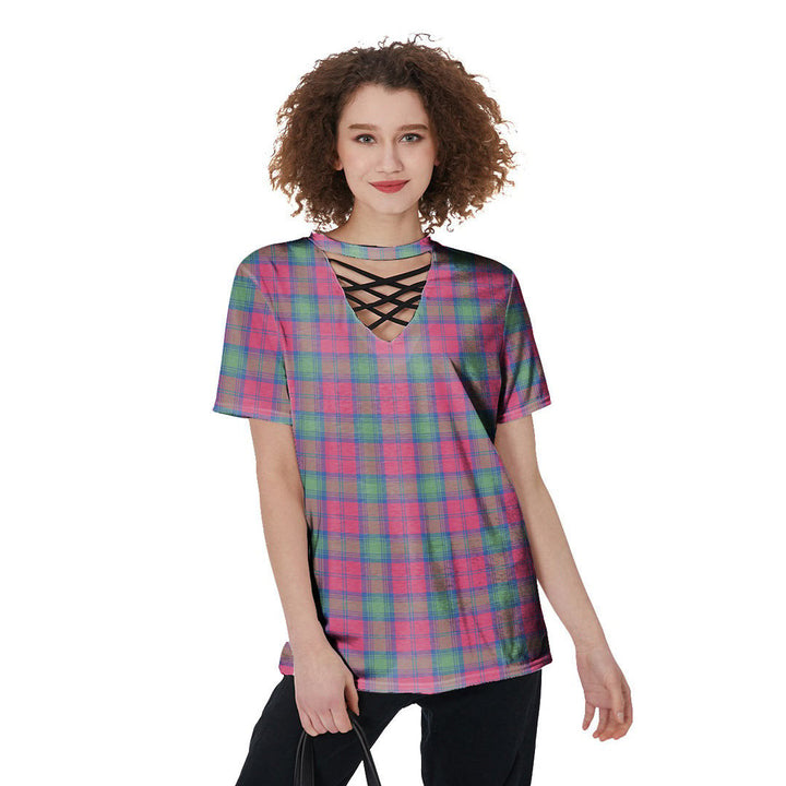 Lindsay Ancient Tartan Plaid V-Neck String Short Sleeve Shirt