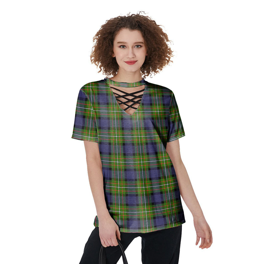 Fergusson Modern Tartan Plaid V-Neck String Short Sleeve Shirt