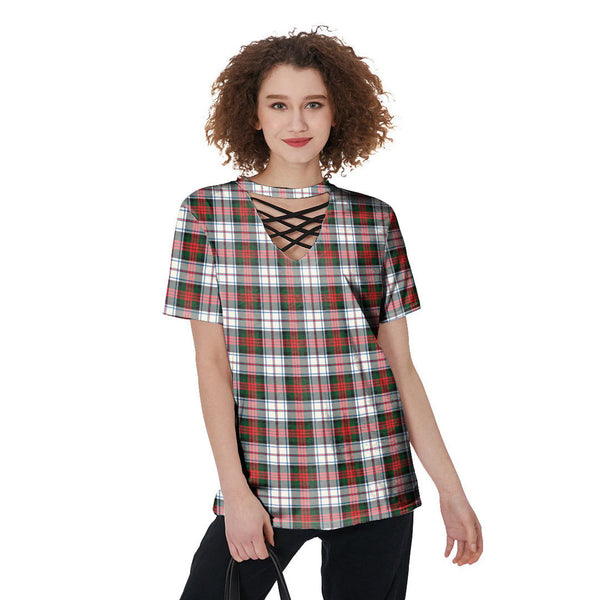 MacDuff Dress Modern Tartan Plaid V-Neck String Short Sleeve Shirt