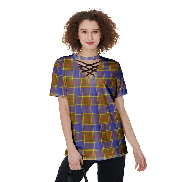 Balfour Modern Tartan Plaid V-Neck String Short Sleeve Shirt