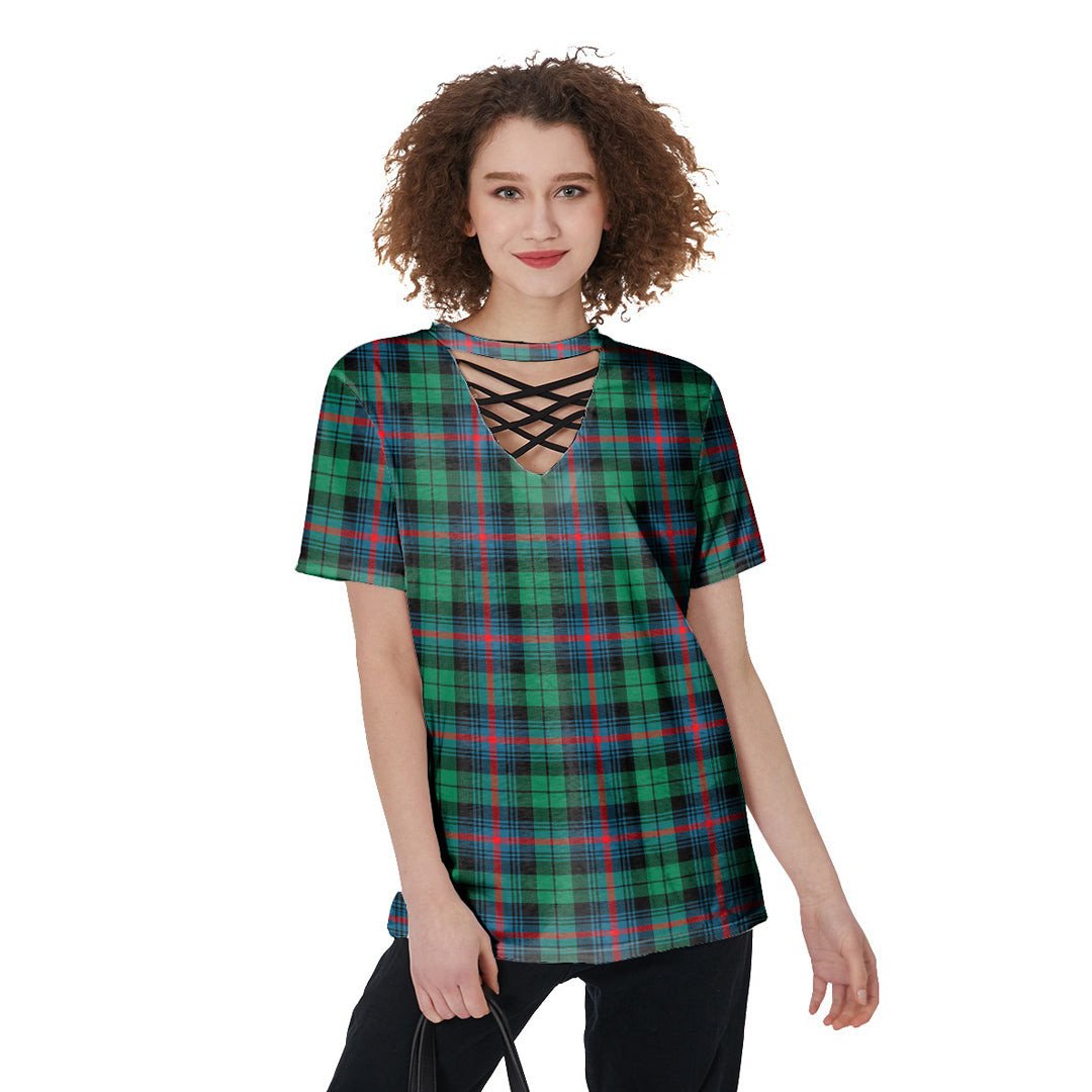 Urquhart Broad Red Ancient Tartan Plaid V-Neck String Short Sleeve Shirt