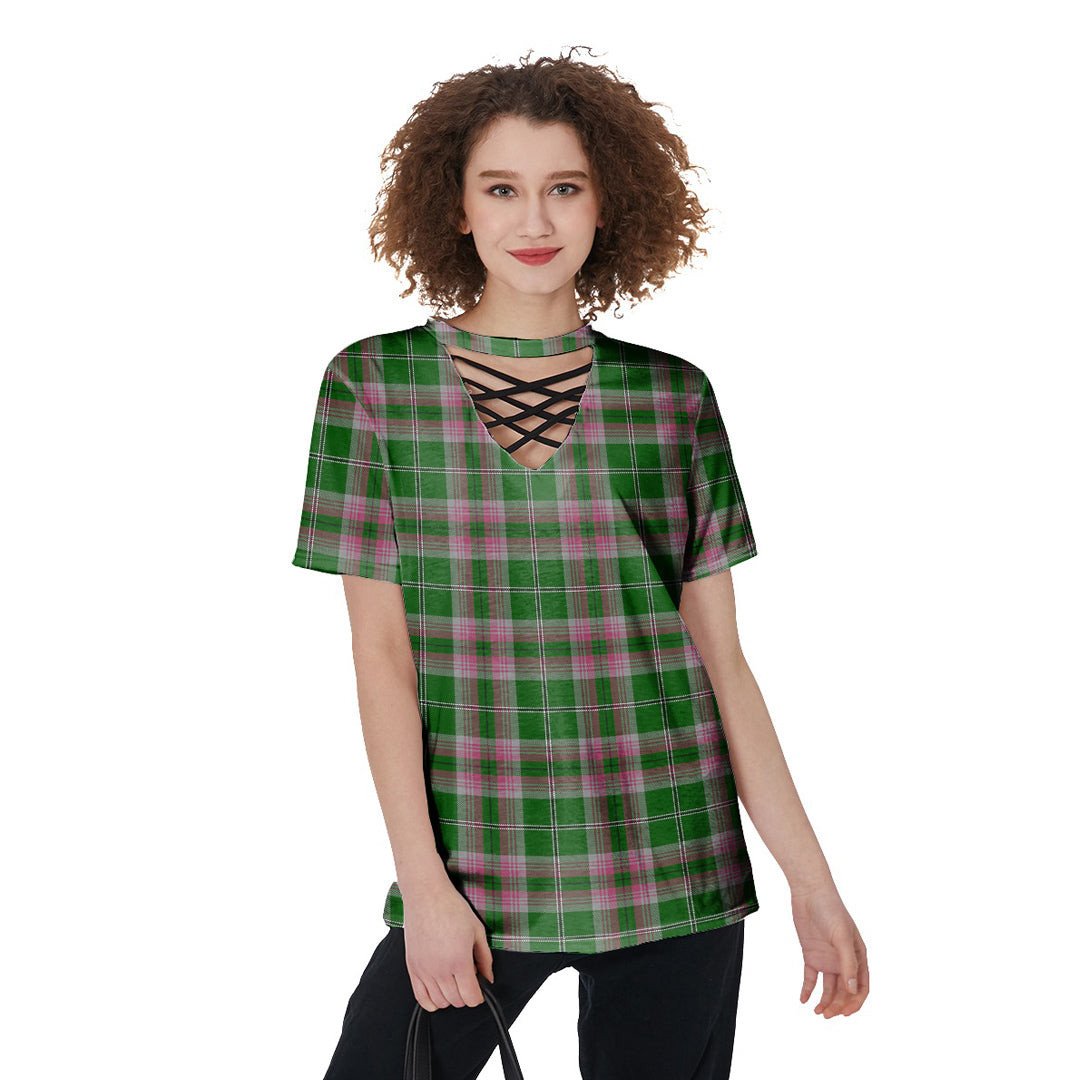 Gray Hunting Tartan Plaid V-Neck String Short Sleeve Shirt