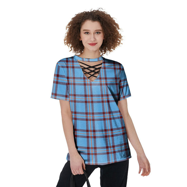 Elliot Ancient Tartan Plaid V-Neck String Short Sleeve Shirt