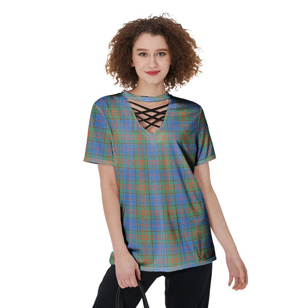 Stewart of Appin Hunting Ancient Tartan Plaid V-Neck String Short Sleeve Shirt