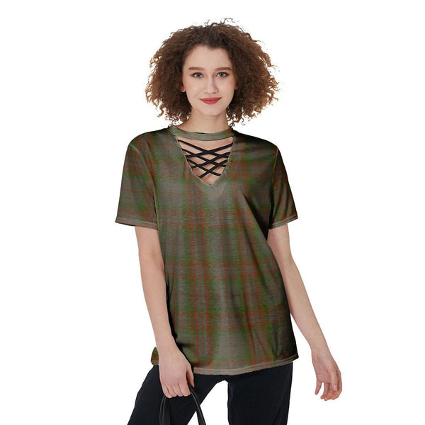 Gray Tartan Plaid V-Neck String Short Sleeve Shirt