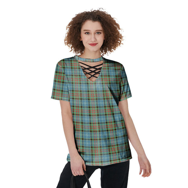Paisley District Tartan Plaid V-Neck String Short Sleeve Shirt