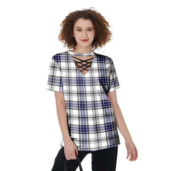 Hannay Modern Tartan Plaid V-Neck String Short Sleeve Shirt