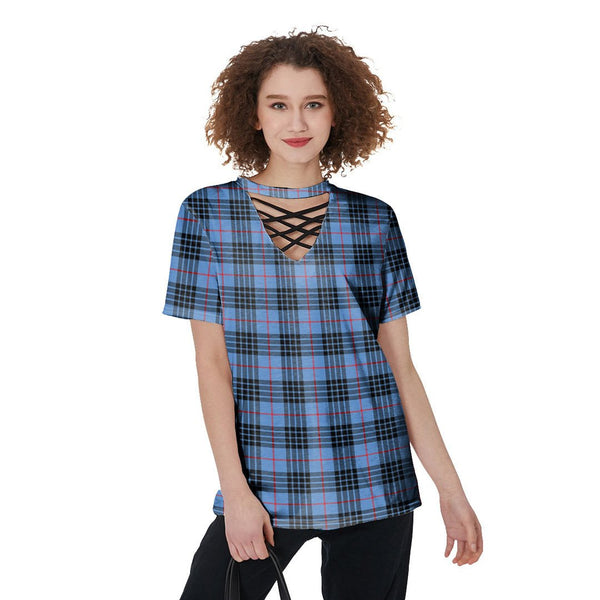 MacKay Blue Tartan Plaid V-Neck String Short Sleeve Shirt