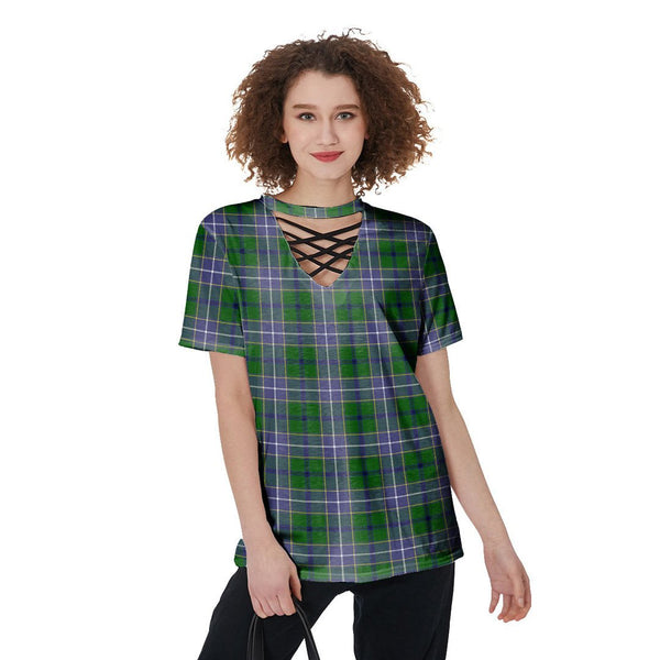 Wishart Hunting Modern Tartan Plaid V-Neck String Short Sleeve Shirt