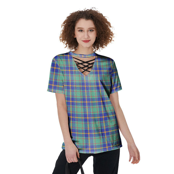 US Marine Tartan Plaid V-Neck String Short Sleeve Shirt