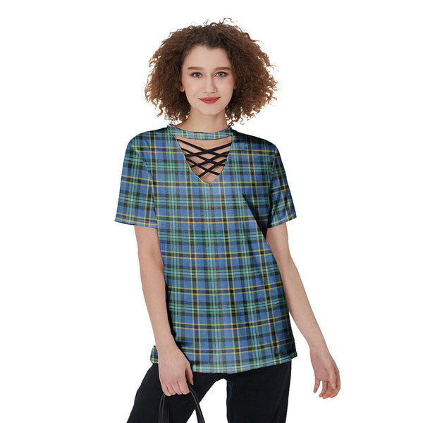 Weir Ancient Tartan Plaid V-Neck String Short Sleeve Shirt