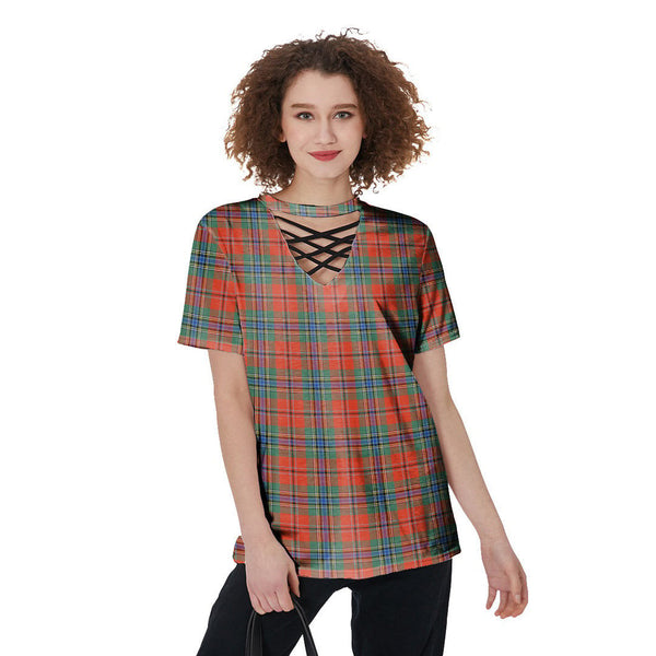 MacLean of Duart Ancient Tartan Plaid V-Neck String Short Sleeve Shirt