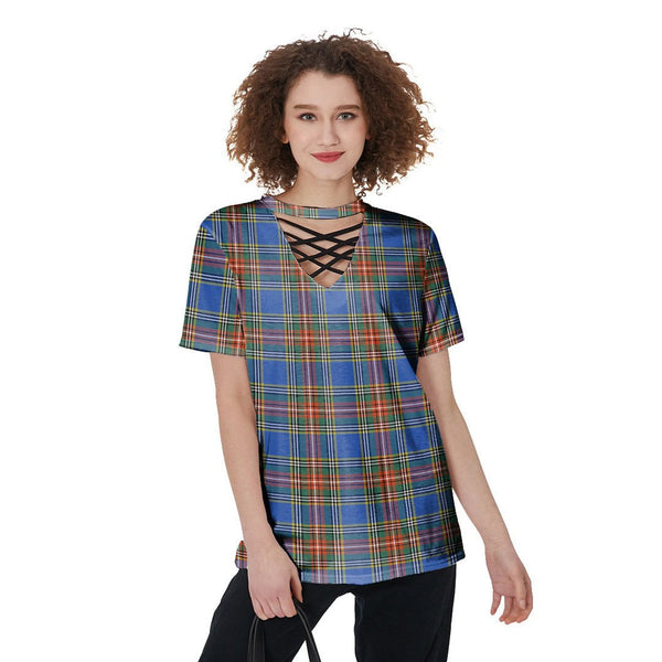 MacBeth Ancient Tartan Plaid V-Neck String Short Sleeve Shirt